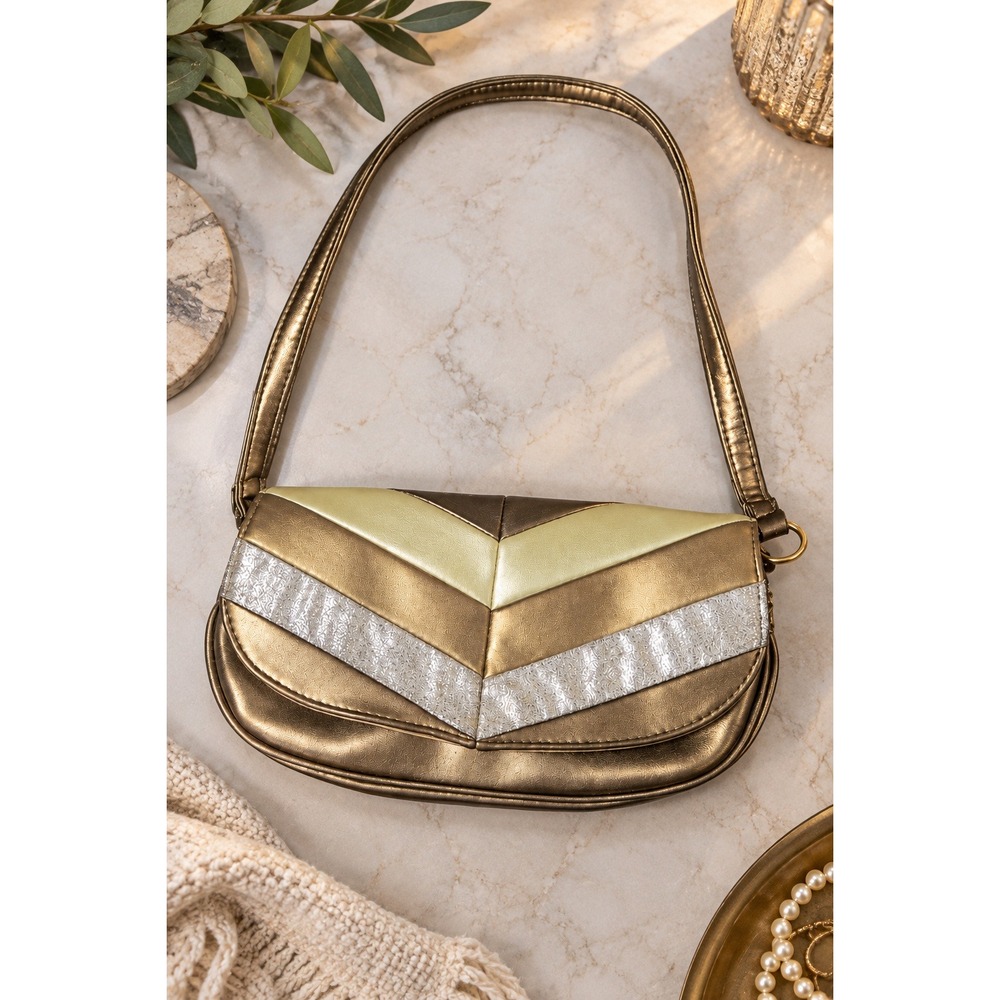Vintage Y2K Metallic Gold Silver Chevron Baguette Shoulder Bag Purse Retro Glam